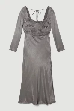 Best Pirce 😍 Karen Millen Satin Embellished Long Sleeve Midi 👗 Dress 🎉 -Occasionwear Popular Store bkk06740 charcoal xl 3