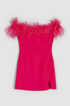 Top 10 🎁 Karen Millen Compact Stretch Feather Bardot Mini 👗 Dress - pink 👍 -Occasionwear Popular Store bkk06749 pink xl 3