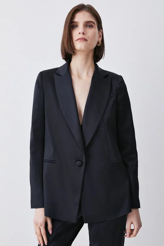 New 🔔 Karen Millen Italian Structured Satin Tailored Single Breasted Jacket 🔥 3 New 🔔 Karen Millen Italian Structured Satin Tailored Single Breasted Jacket 🔥