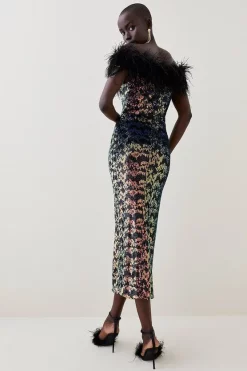 Hot Sale ⌛ Karen Millen Tall Sequin Bardot Feather Trim Midaxi 👗 Dress - multi 👍 -Occasionwear Popular Store bkk06896 multi xl 2