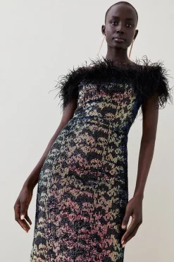 Hot Sale ⌛ Karen Millen Tall Sequin Bardot Feather Trim Midaxi 👗 Dress - multi 👍 -Occasionwear Popular Store bkk06896 multi xl 4