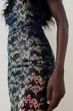 Hot Sale ⌛ Karen Millen Tall Sequin Bardot Feather Trim Midaxi 👗 Dress - multi 👍 -Occasionwear Popular Store bkk06896 multi xl 5