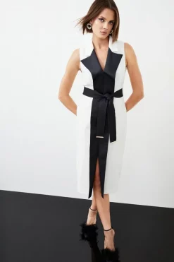 Best Pirce 🥰 Karen Millen Satin Tux Collared Belted Midi 👗 Dress ✔️