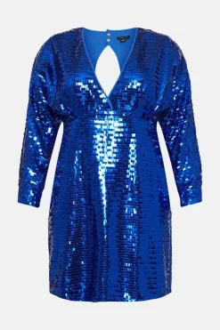 Cheapest 😉 Karen Millen Plus Size Sequined Wide Sleeve V Neck Mini 👗 Dress - electric blue 🥰 -Occasionwear Popular Store bkk06921 electric20blue xl 3