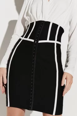 Hot Sale ❤️ Karen Millen Bandage And Georgette Pu Detail Mini 👗 Dress - mono 😀 -Occasionwear Popular Store bkk06967 mono xl 1