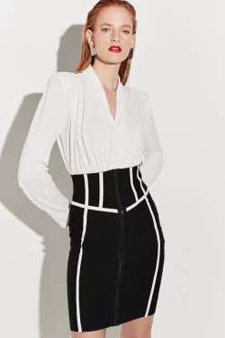 Hot Sale ❤️ Karen Millen Bandage And Georgette Pu Detail Mini 👗 Dress - mono 😀 -Occasionwear Popular Store bkk06967 mono xl 2