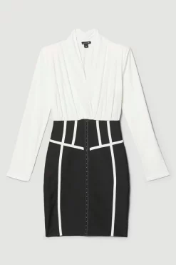 Hot Sale ❤️ Karen Millen Bandage And Georgette Pu Detail Mini 👗 Dress - mono 😀 -Occasionwear Popular Store bkk06967 mono xl 3