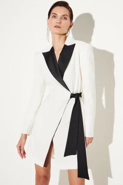 Discount 👏 Karen Millen Satin Tux Tie Side Mini 👗 Dress 🤩