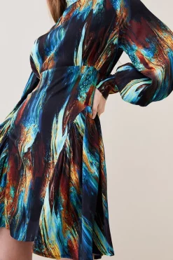 Discount 👏 Karen Millen Marble Viscose Satin Balloon Sleeve 👗 Dress - multi ✔️ -Occasionwear Popular Store bkk06985 multi xl 1 1