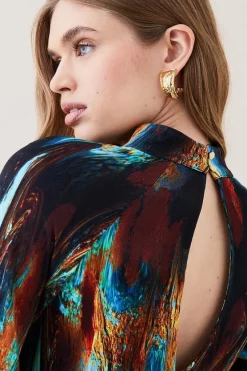 Discount 👏 Karen Millen Marble Viscose Satin Balloon Sleeve 👗 Dress - multi ✔️ -Occasionwear Popular Store bkk06985 multi xl 4