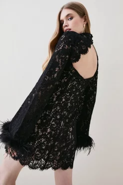 Flash Sale 🧨 Karen Millen Lace Feather Woven Mini 👗 Dress - black 🔥 -Occasionwear Popular Store bkk06995 black xl 1