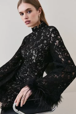 Flash Sale 🧨 Karen Millen Lace Feather Woven Mini 👗 Dress - black 🔥 -Occasionwear Popular Store bkk06995 black xl 2