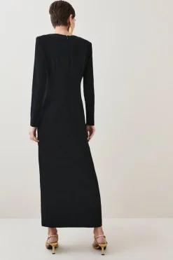Cheapest 🎉 Karen Millen Compact Viscose Sleeved Split Front Maxi 👗 Dress 😀 -Occasionwear Popular Store bkk07072 black xl 2