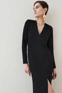 Cheapest 🎉 Karen Millen Compact Viscose Sleeved Split Front Maxi 👗 Dress 😀 -Occasionwear Popular Store bkk07072 black xl 4