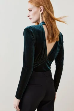 Outlet 😀 Karen Millen Velvet Cut Out High Neck Jersey Top - petrol ✔️ -Occasionwear Popular Store bkk07105 petrol xl 5
