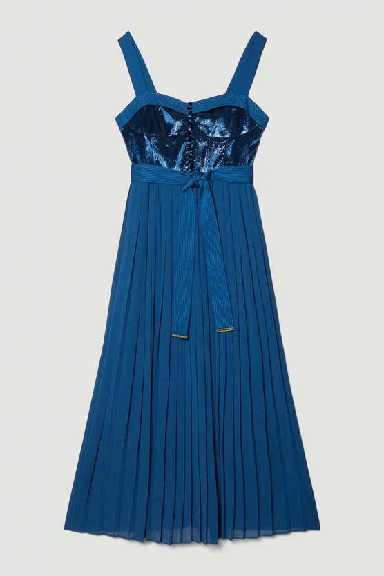 Budget ๐ Karen Millen Top Stitch Velvet Satin Pleated Woven Midi ๐ Dress - blue ๐ 6 Budget ๐ Karen Millen Top Stitch Velvet Satin Pleated Woven Midi ๐ Dress - blue ๐ - Image 4