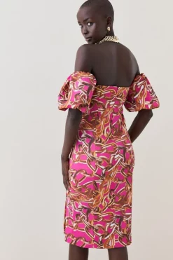 Brand new ❤️ Karen Millen Italian Signature Stretch Chain Bardot Pencil Midi 👗 Dress - pink ⭐ -Occasionwear Popular Store bkk07145 pink xl 2