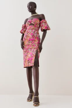 Brand new ❤️ Karen Millen Italian Signature Stretch Chain Bardot Pencil Midi 👗 Dress - pink ⭐ -Occasionwear Popular Store bkk07145 pink xl 4