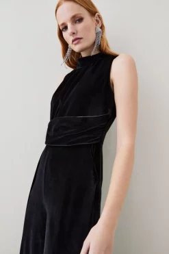 Cheap 😀 Karen Millen Slinky Velvet Drape Detail Wide Leg Jumpsuit - black 💯 -Occasionwear Popular Store bkk07182 black xl 1