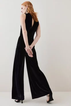 Cheap 😀 Karen Millen Slinky Velvet Drape Detail Wide Leg Jumpsuit - black 💯 -Occasionwear Popular Store bkk07182 black xl 2