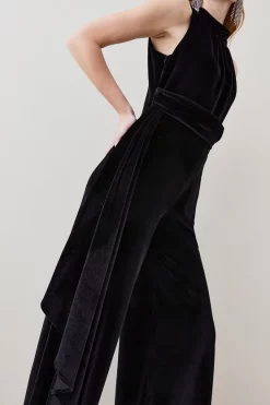 Cheap 😀 Karen Millen Slinky Velvet Drape Detail Wide Leg Jumpsuit - black 💯 -Occasionwear Popular Store bkk07182 black xl 4