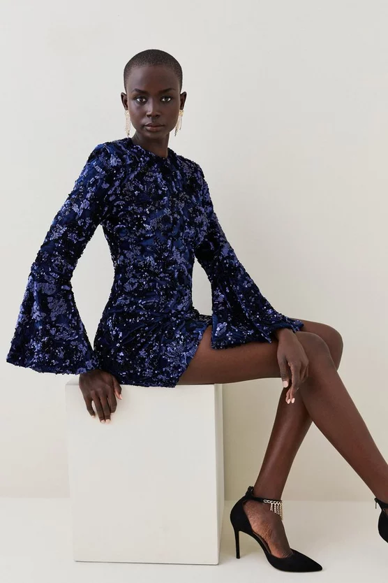 Wholesale 🌟 Karen Millen Tall Velvet Sequinned Fluted Woven Mini 👗 Dress - navy 🔥 6 Wholesale 🌟 Karen Millen Tall Velvet Sequinned Fluted Woven Mini 👗 Dress - navy 🔥 - Image 4