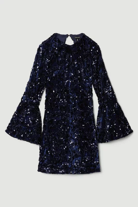 Wholesale 🌟 Karen Millen Tall Velvet Sequinned Fluted Woven Mini 👗 Dress - navy 🔥 7 Wholesale 🌟 Karen Millen Tall Velvet Sequinned Fluted Woven Mini 👗 Dress - navy 🔥 - Image 5