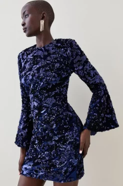 Cheap 👍 Karen Millen Velvet Sequinned Fluted Woven Mini 👗 Dress - navy ✔️ -Occasionwear Popular Store bkk07270 navy xl 1