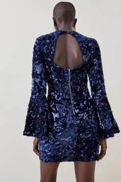 Cheap 👍 Karen Millen Velvet Sequinned Fluted Woven Mini 👗 Dress - navy ✔️ -Occasionwear Popular Store bkk07270 navy xl 2