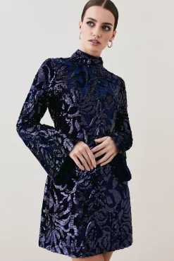 Budget 🥰 Karen Millen Petite Velvet Sequinned Woven Mini 👗 Dress - navy ⌛ -Occasionwear Popular Store bkk07272 navy xl 2