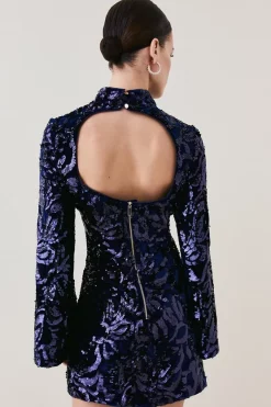 Budget 🥰 Karen Millen Petite Velvet Sequinned Woven Mini 👗 Dress - navy ⌛ -Occasionwear Popular Store bkk07272 navy xl 4