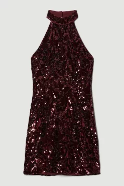 Budget 🎉 Karen Millen Velvet Sequinned Halter Woven Mini 👗 Dress - merlot ❤️ 12 Budget 🎉 Karen Millen Velvet Sequinned Halter Woven Mini 👗 Dress - merlot ❤️ -Occasionwear Popular Store bkk07274 merlot xl 3