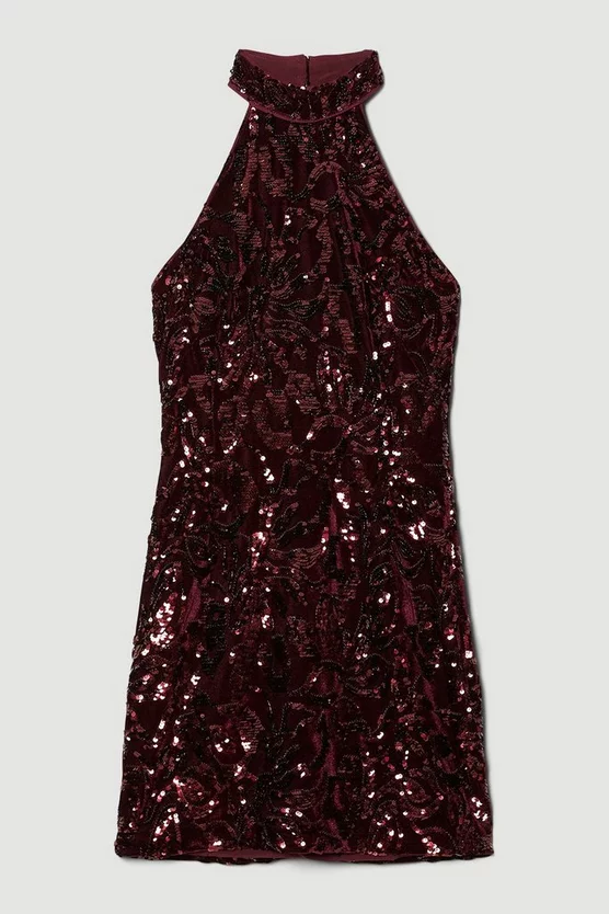 Budget 🎉 Karen Millen Velvet Sequinned Halter Woven Mini 👗 Dress - merlot ❤️ 6 Budget 🎉 Karen Millen Velvet Sequinned Halter Woven Mini 👗 Dress - merlot ❤️ - Image 4