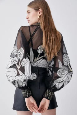 Best deal 🎁 Karen Millen Organdie Applique Buttoned Woven Blouse - black 🥰 -Occasionwear Popular Store bkk07294 black xl 2