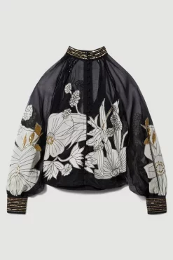 Best deal 🎁 Karen Millen Organdie Applique Buttoned Woven Blouse - black 🥰 -Occasionwear Popular Store bkk07294 black xl 3