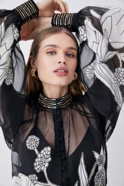 Best deal 🎁 Karen Millen Organdie Applique Buttoned Woven Blouse - black 🥰 -Occasionwear Popular Store bkk07294 black xl 4