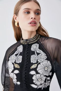 Best deal 🎁 Karen Millen Organdie Applique Buttoned Woven Blouse - black 🥰 -Occasionwear Popular Store bkk07294 black xl 6