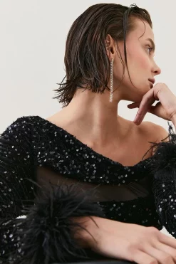 Best deal 😉 Karen Millen Tall Sequin Velvet Mesh Detail Feather Cuff Jersey Mini Dres - black 👍 -Occasionwear Popular Store bkk07303 black xl 2