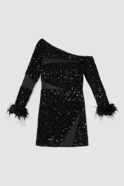 Best deal 😉 Karen Millen Tall Sequin Velvet Mesh Detail Feather Cuff Jersey Mini Dres - black 👍 -Occasionwear Popular Store bkk07303 black xl 3