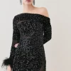 Best Pirce ⭐ Karen Millen Petite Sequin Velvet Mesh Detail Feather Cuff Jersey Mini - black 🤩 -Occasionwear Popular Store bkk07305 black xl