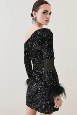 Best Pirce ⭐ Karen Millen Petite Sequin Velvet Mesh Detail Feather Cuff Jersey Mini - black 🤩 -Occasionwear Popular Store bkk07305 black xl 2