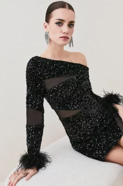Best Pirce ⭐ Karen Millen Petite Sequin Velvet Mesh Detail Feather Cuff Jersey Mini - black 🤩 -Occasionwear Popular Store bkk07305 black xl 4