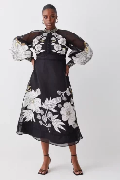 Promo 🔔 Karen Millen Plus Organdie Applique Buttoned Woven Midi 👗 Dress - black ✨