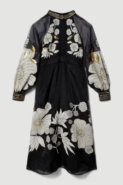 Promo 🔔 Karen Millen Plus Organdie Applique Buttoned Woven Midi 👗 Dress - black ✨ -Occasionwear Popular Store bkk07310 black xl 3