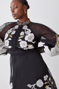 Promo 🔔 Karen Millen Plus Organdie Applique Buttoned Woven Midi 👗 Dress - black ✨ -Occasionwear Popular Store bkk07310 black xl 4