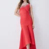 Outlet ⭐ Karen Millen Bandage Diamante Trim One Shoulder High Low Midi 👗 Dress - orange 👏