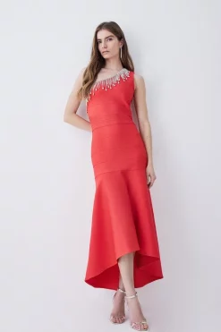 Outlet ⭐ Karen Millen Bandage Diamante Trim One Shoulder High Low Midi 👗 Dress - orange 👏
