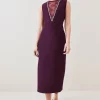 Cheap 👍 Karen Millen Petite Lace Front Diamante Jersey Midi 👗 Dress - burgundy 🔔 -Occasionwear Popular Store bkk07315 burgundy xl
