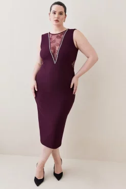 Outlet 😍 Karen Millen Plus Size Lace Front Diamante Jersey Midi 👗 Dress - burgundy 🔔