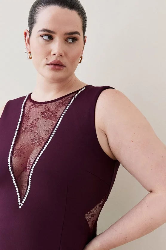 Outlet π Karen Millen Plus Size Lace Front Diamante Jersey Midi π Dress - burgundy π 4 Outlet π Karen Millen Plus Size Lace Front Diamante Jersey Midi π Dress - burgundy π - Image 2